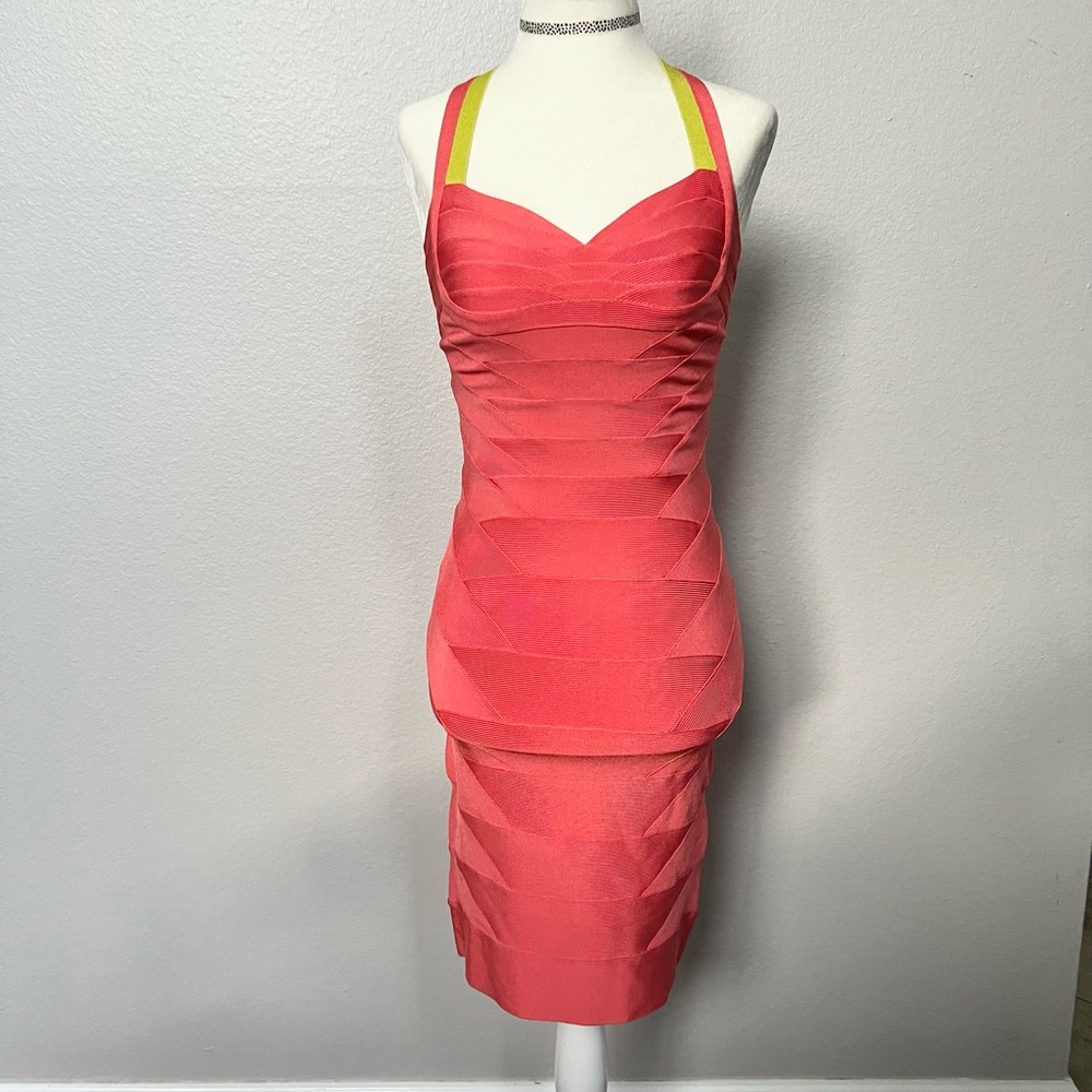 🎉 SALE Herve Leger Bandage Mini Dress Peach Blush Orange and Yellow